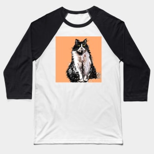 Tuxedo Cat Cute Drawing - on Apricot orange Baseball T-Shirt